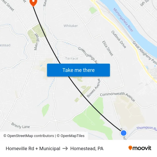 Homeville Rd + Municipal to Homestead, PA map