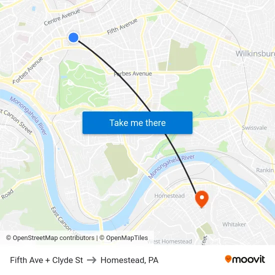 Fifth Ave + Clyde St to Homestead, PA map