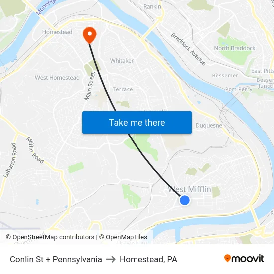 Conlin St + Pennsylvania to Homestead, PA map