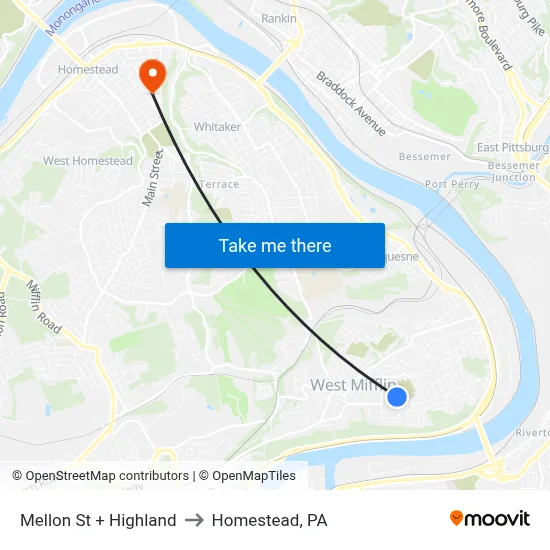 Mellon St + Highland to Homestead, PA map