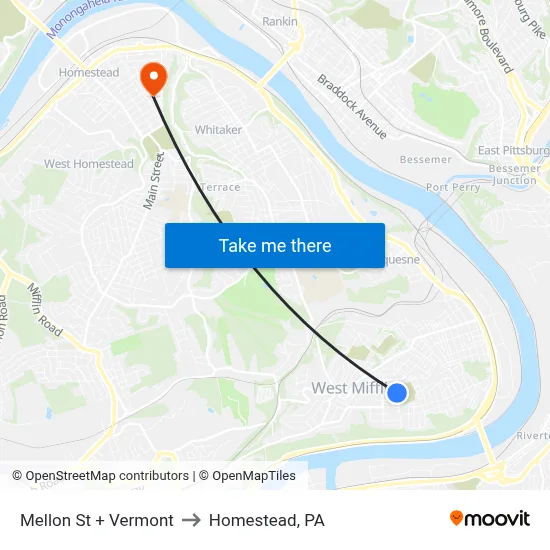 Mellon St + Vermont to Homestead, PA map