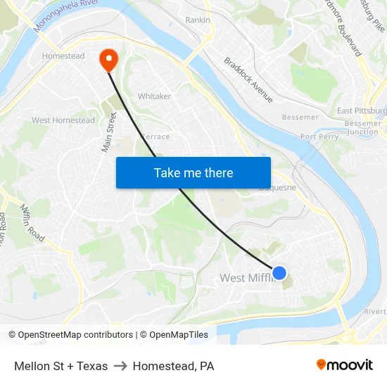 Mellon St + Texas to Homestead, PA map
