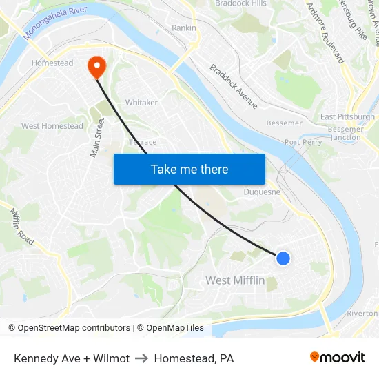 Kennedy Ave + Wilmot to Homestead, PA map