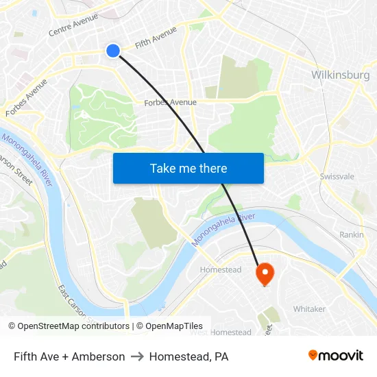 Fifth Ave + Amberson to Homestead, PA map