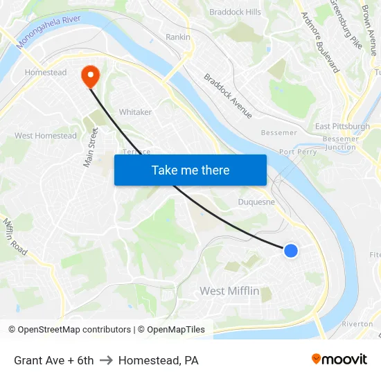 Grant Ave + 6th to Homestead, PA map