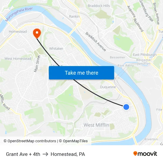 Grant Ave + 4th to Homestead, PA map