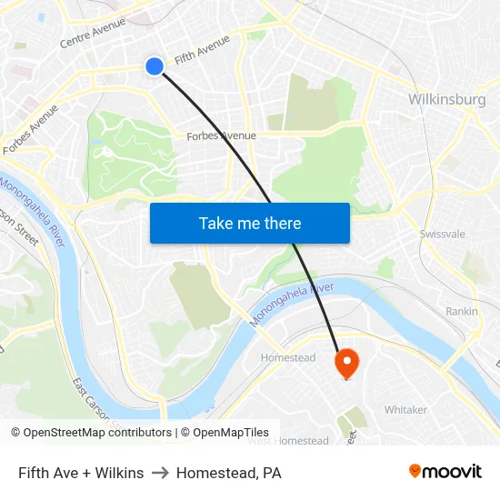 Fifth Ave + Wilkins to Homestead, PA map