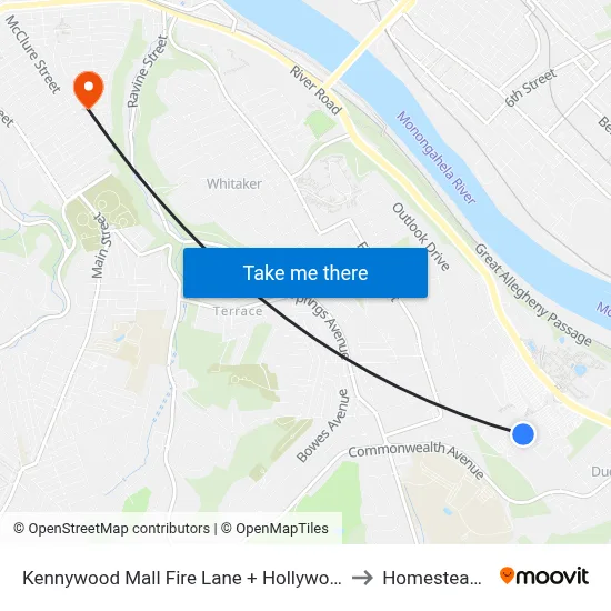 Kennywood Mall Fire Lane + Hollywood Video to Homestead, PA map
