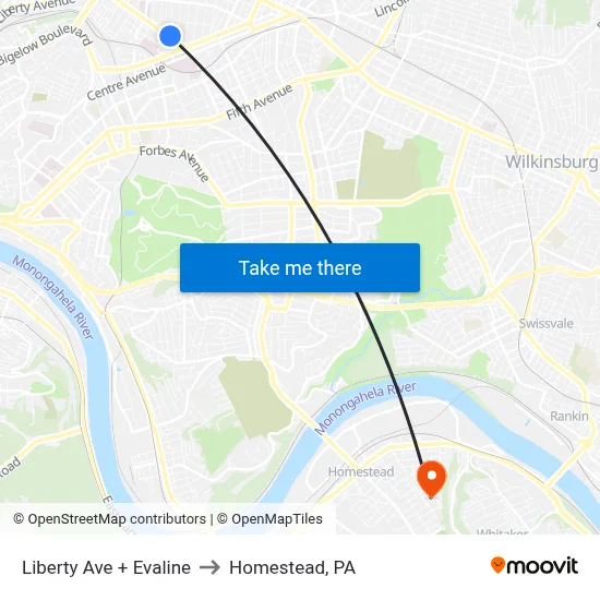 Liberty Ave + Evaline to Homestead, PA map
