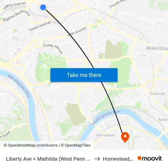 Liberty Ave + Mathilda (West Penn Hosp) to Homestead, PA map