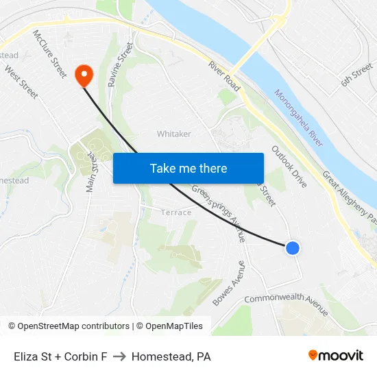 Eliza St + Corbin F to Homestead, PA map