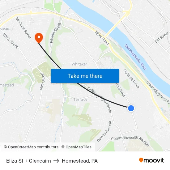Eliza St + Glencairn to Homestead, PA map