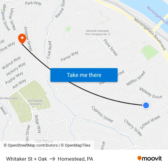 Whitaker St + Oak to Homestead, PA map