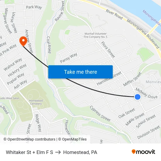 Whitaker St + Elm F S to Homestead, PA map