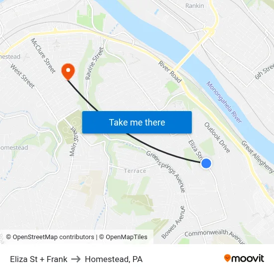 Eliza St + Frank to Homestead, PA map