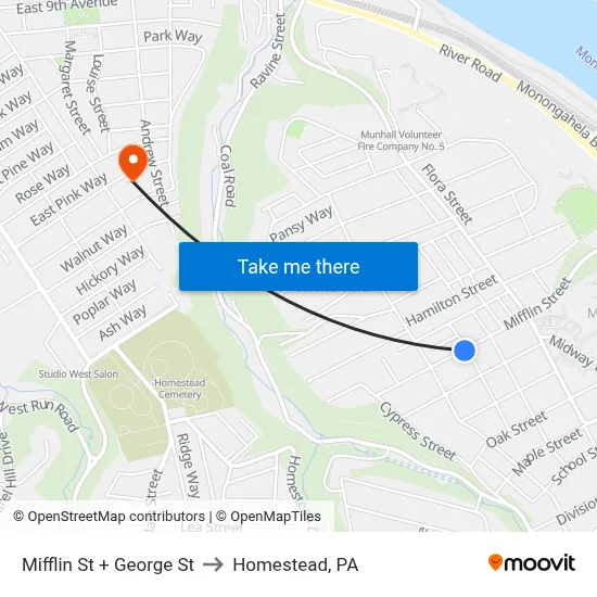 Mifflin St + George St to Homestead, PA map