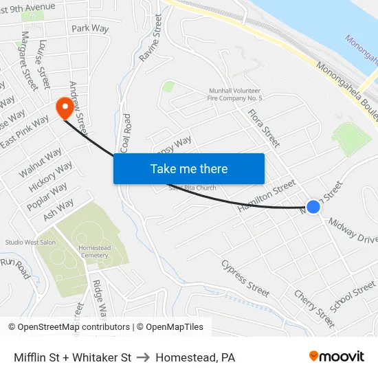 Mifflin St + Whitaker St to Homestead, PA map
