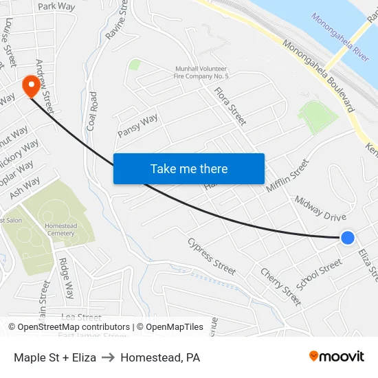 Maple St + Eliza to Homestead, PA map