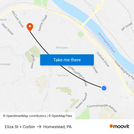 Eliza St + Corbin to Homestead, PA map