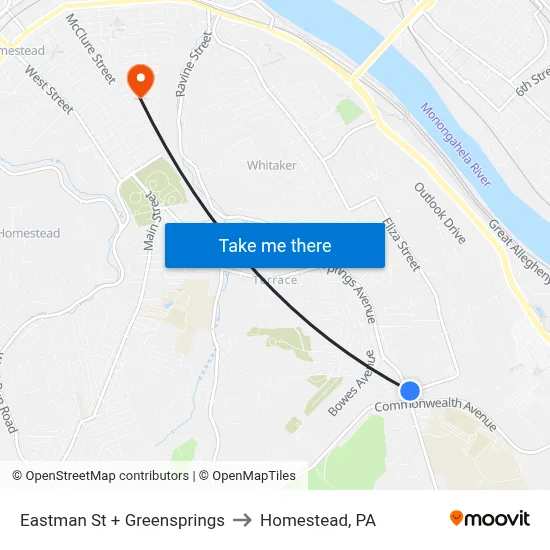 Eastman St + Greensprings to Homestead, PA map