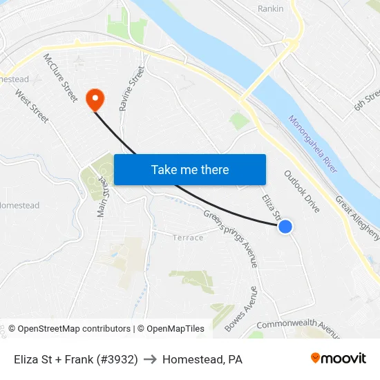 Eliza St + Frank (#3932) to Homestead, PA map
