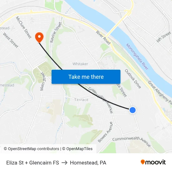 Eliza St + Glencairn FS to Homestead, PA map