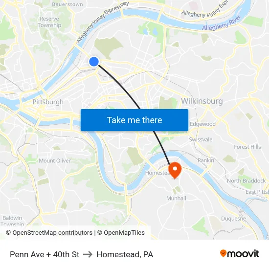 Penn Ave + 40th St to Homestead, PA map