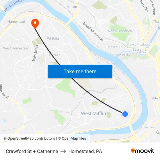 Crawford St + Catherine to Homestead, PA map
