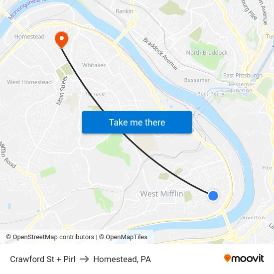 Crawford St + Pirl to Homestead, PA map