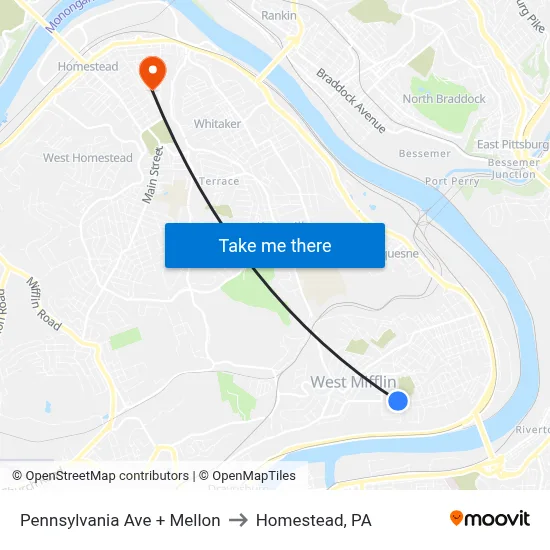 Pennsylvania Ave + Mellon to Homestead, PA map