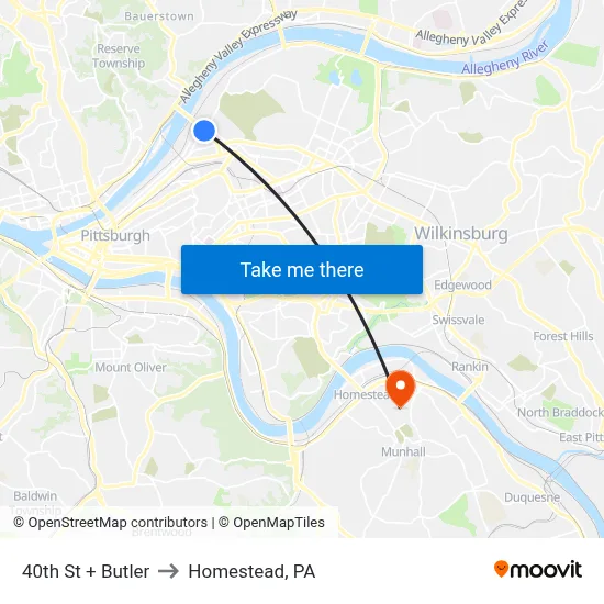 40th St + Butler to Homestead, PA map