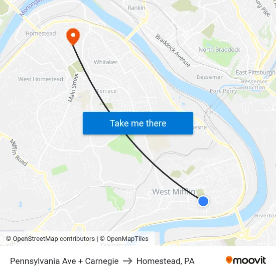 Pennsylvania Ave + Carnegie to Homestead, PA map