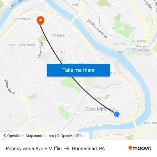 Pennsylvania Ave + Mifflin to Homestead, PA map