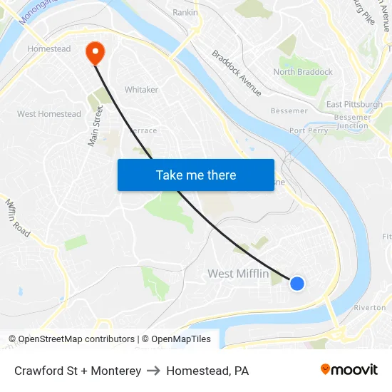 Crawford St + Monterey to Homestead, PA map
