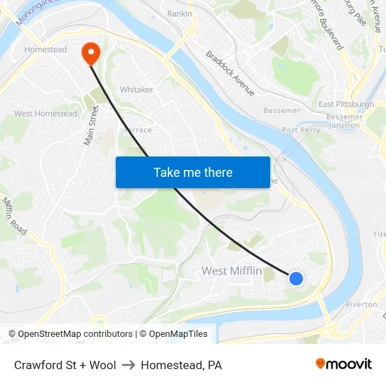 Crawford St + Wool to Homestead, PA map