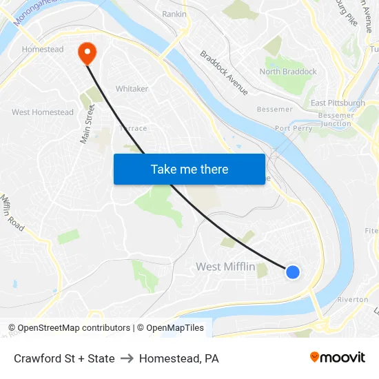 Crawford St + State to Homestead, PA map