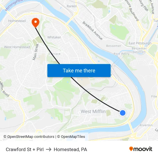 Crawford St + Pirl to Homestead, PA map