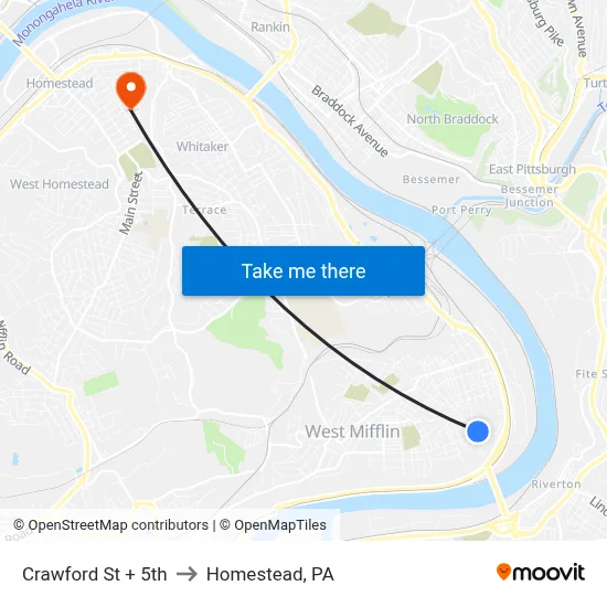 Crawford St + 5th to Homestead, PA map