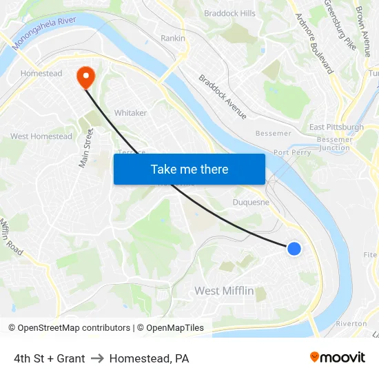 4th St + Grant to Homestead, PA map