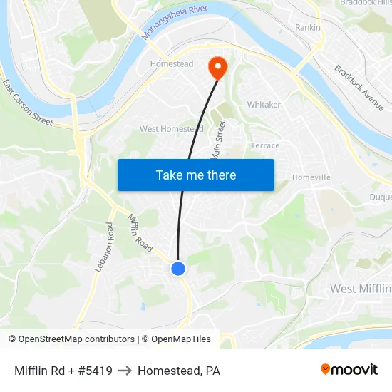 Mifflin Rd + #5419 to Homestead, PA map
