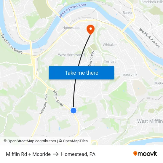 Mifflin Rd + Mcbride to Homestead, PA map