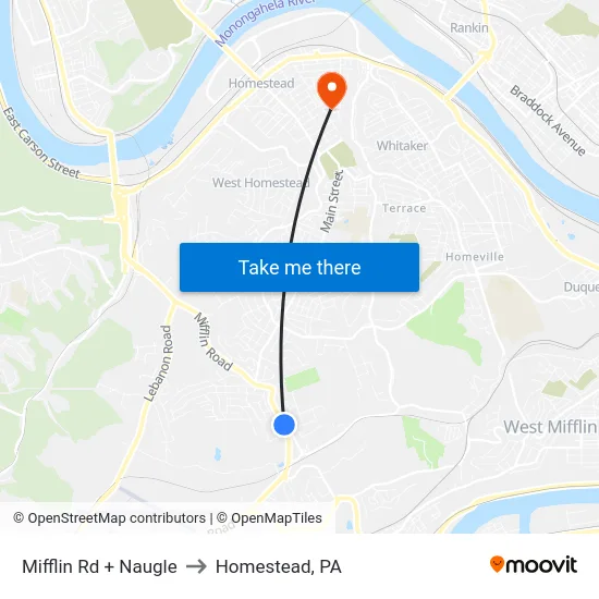 Mifflin Rd + Naugle to Homestead, PA map