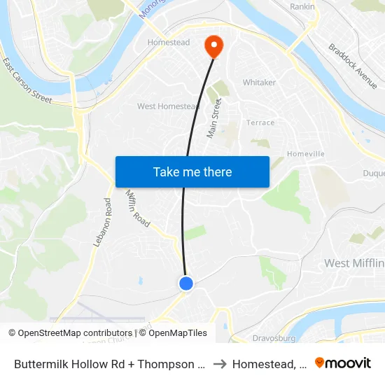 Buttermilk Hollow Rd + Thompson Run to Homestead, PA map