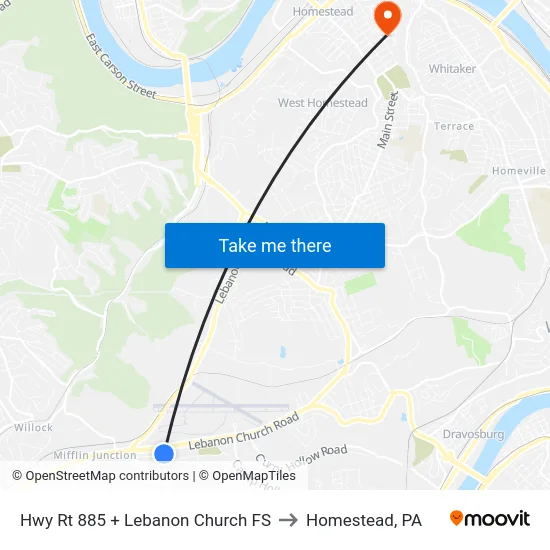 Hwy Rt 885 + Lebanon Church FS to Homestead, PA map