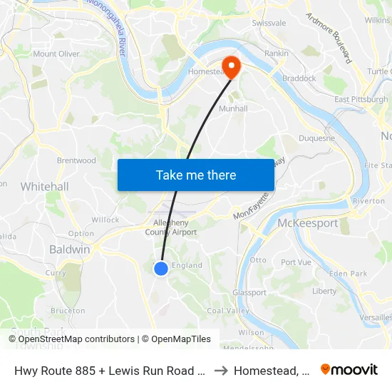 Hwy Route 885 + Lewis Run Road Ns to Homestead, PA map
