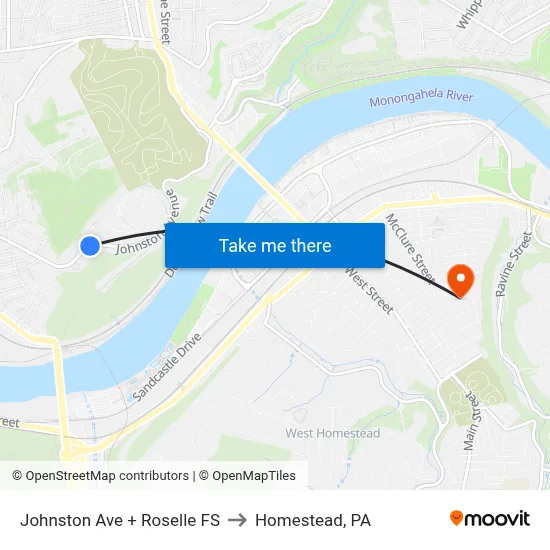 Johnston Ave + Roselle FS to Homestead, PA map