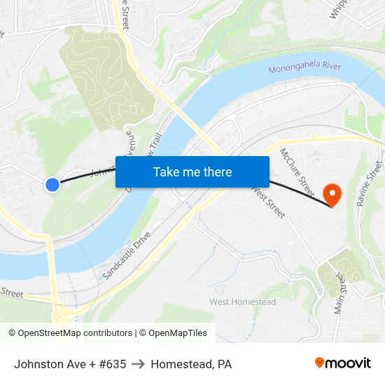 Johnston Ave + #635 to Homestead, PA map