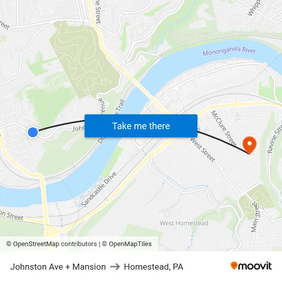 Johnston Ave + Mansion to Homestead, PA map