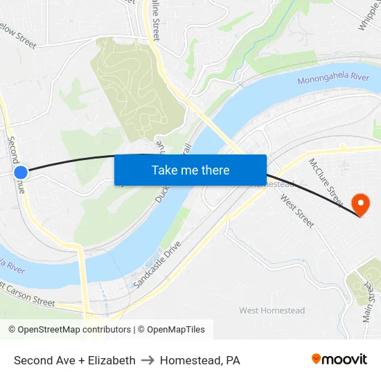 Second Ave + Elizabeth to Homestead, PA map