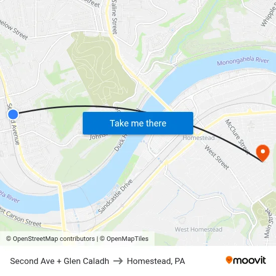 Second Ave + Glen Caladh to Homestead, PA map